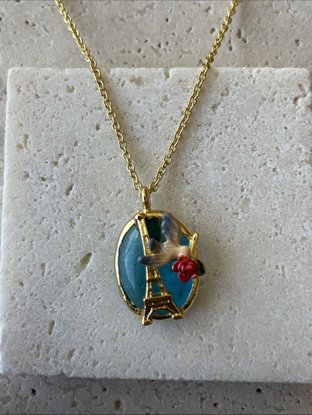 Gold Eiffel Tower Pendant Necklace with Blue Enamel and Red Rose Accent